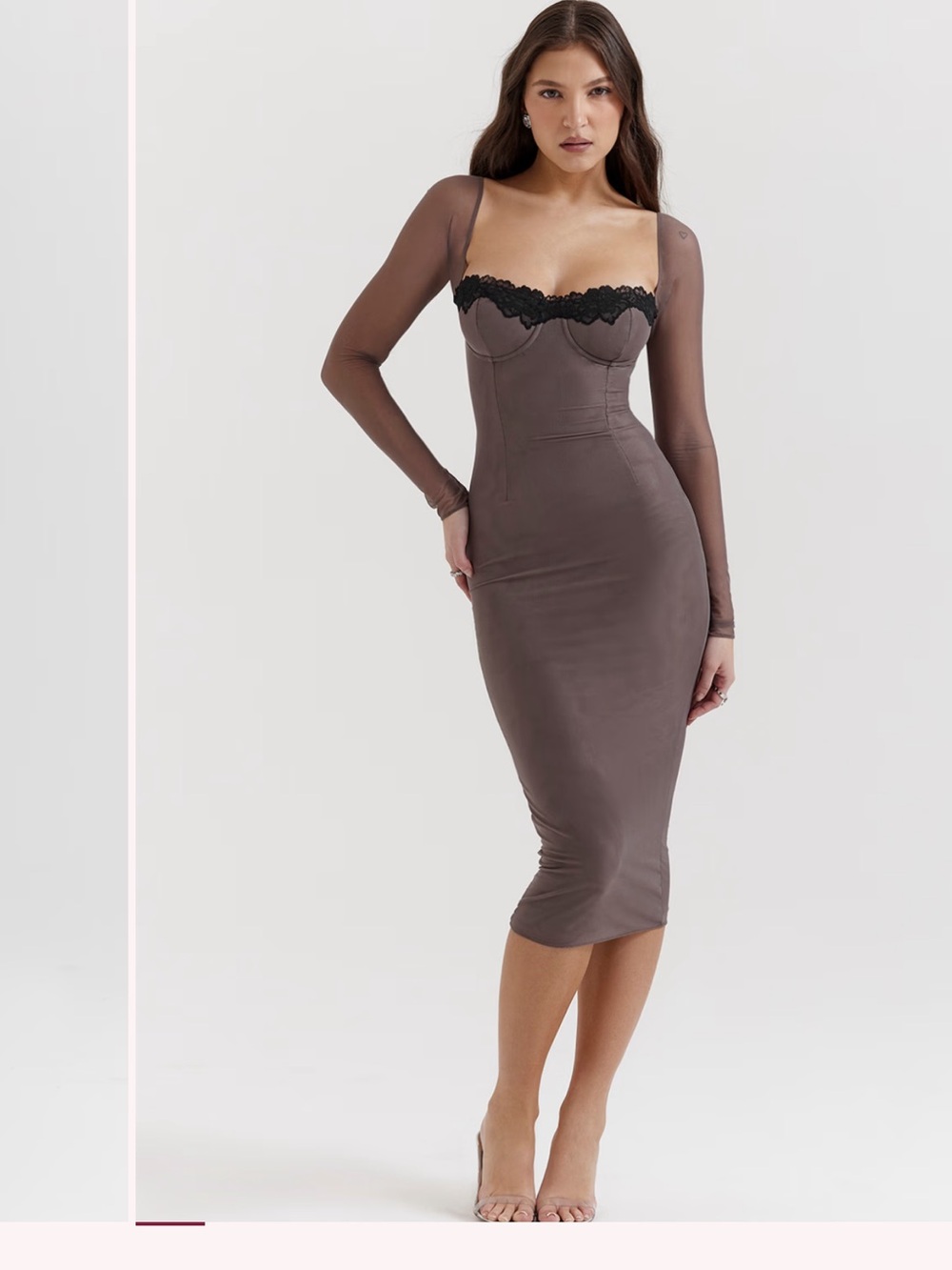 House of CB Espresso Long-Sleeve Lace-Trim Bodycon Dress